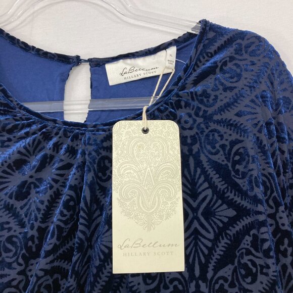 New Hillary Scott La Bellum size XL Navy Velvet Burnt-out Stretch Midi Dress - Picture 5 of 12